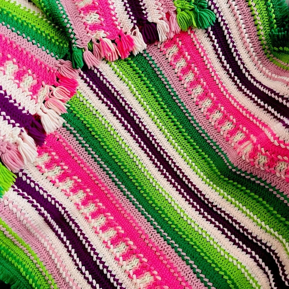 Handmade Crochet Blanket Vibrant Pink‎ Green Purple Stripes Unique Pattern 46x78